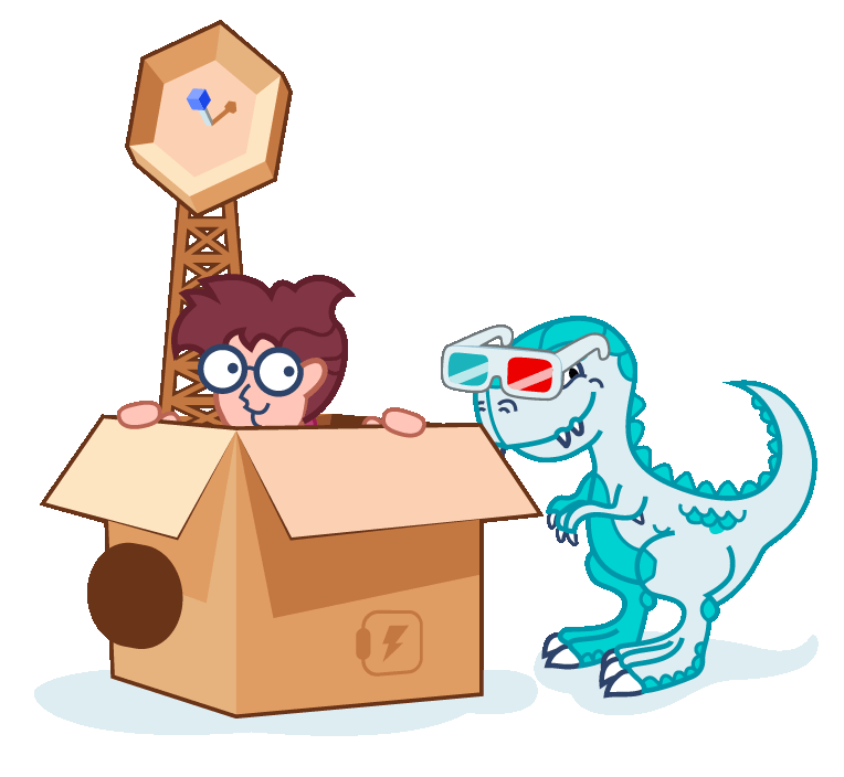 Na ilustracji Tymek w kartonowym pudle obok stroi Dino w kolorowych okularach