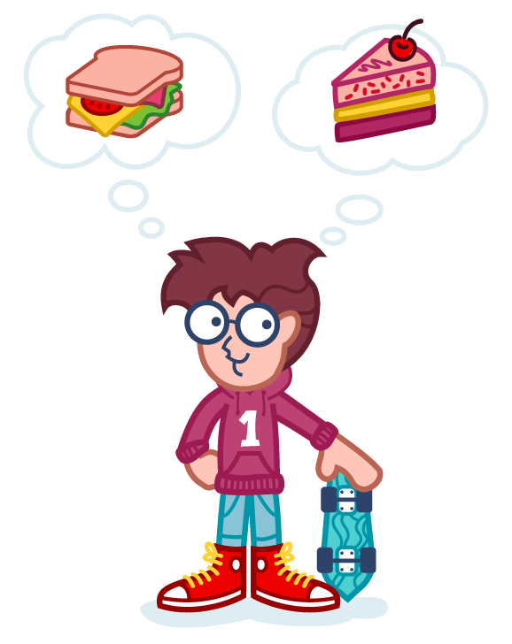 Na ilustracji Tymon, nad jego głową w chmurkach kanapka i torcik