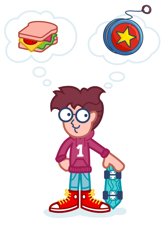 Na ilustracji Tymon a nad jego głową w chmurkach jojo i kanapka