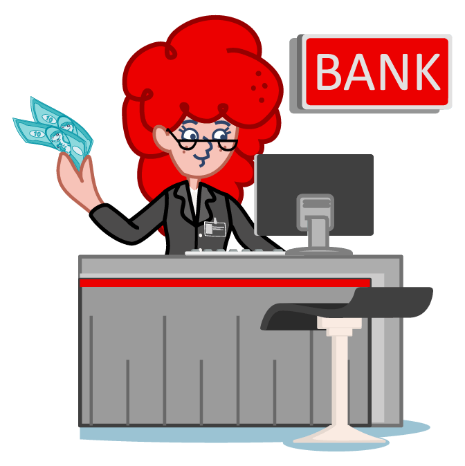 Na ilustracji Nina przy biurku, przed komputerem, za nią napis Bank