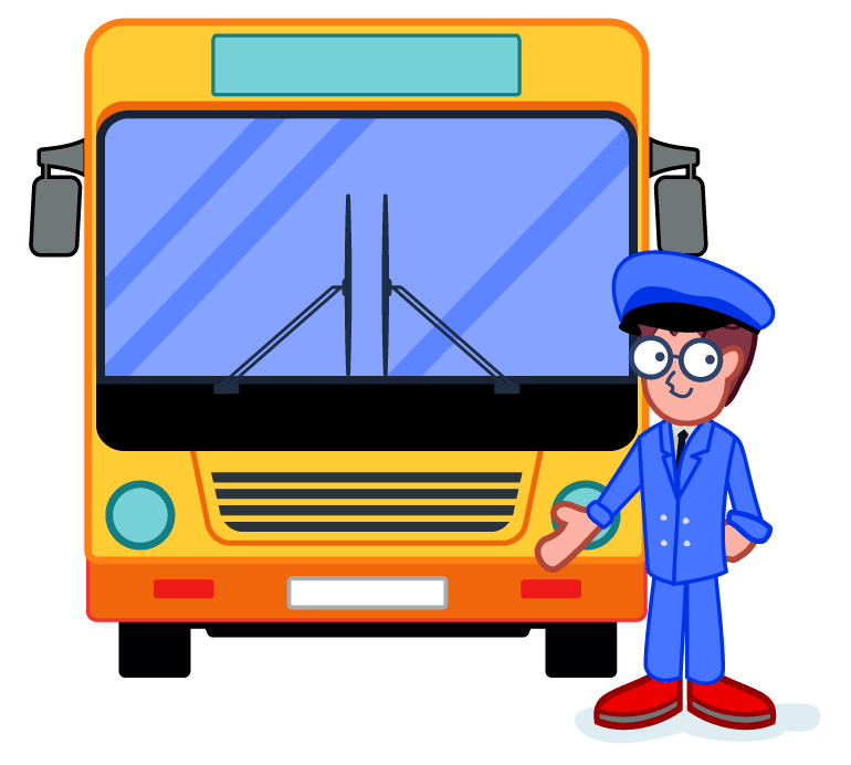 Na ilustracji Tymek w niebieskim ubraniu a za nim stoi autobus