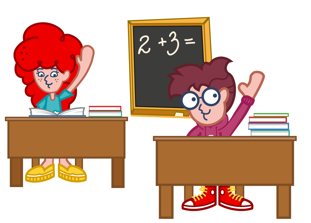 Na ilustracji Nina i Tymon w szkolnych ławkach podnoszą ręce do odpowiedzi