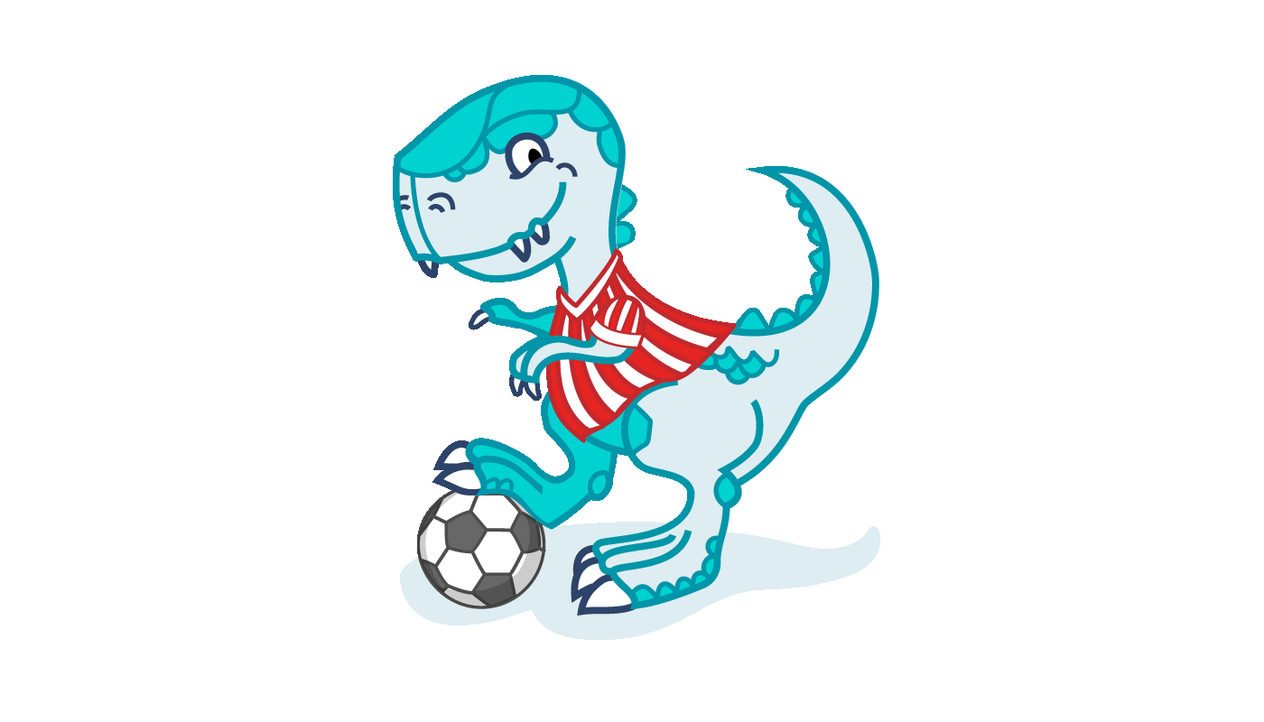 Na ilustracji Dino w koszulce piłkarskiej obok niego piłka do gry