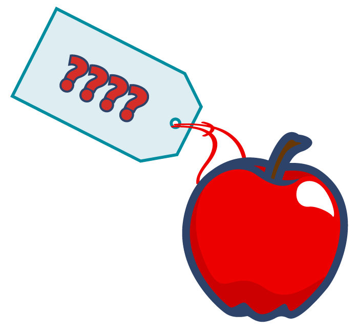 Na ilustracji czerwone jabłko ze znakami zapytania na cenówce