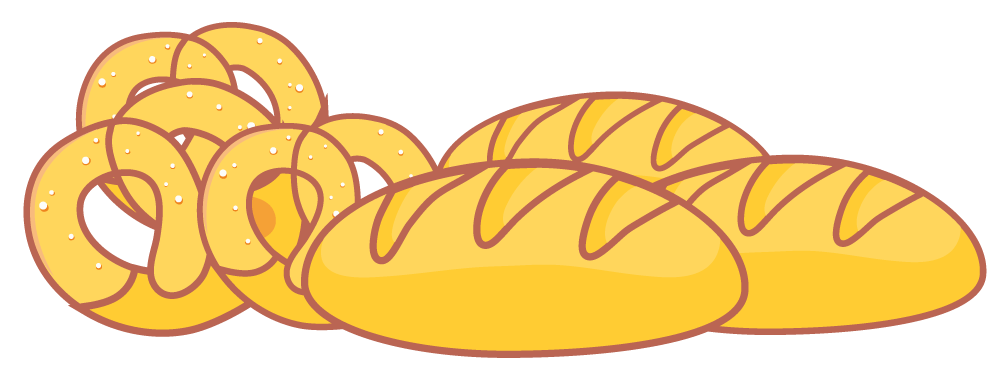 Na ilustracji precle, chleby i bułki