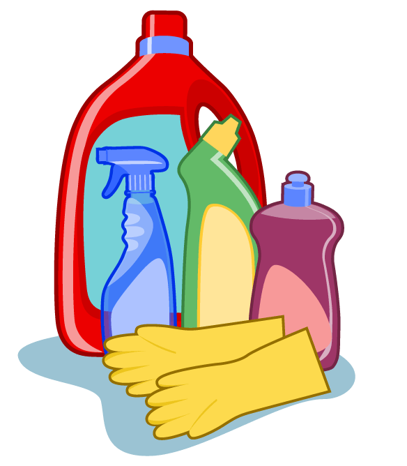 Na obrazku środki czystości: butelki z płynami, żółte, gumowe rękawiczki