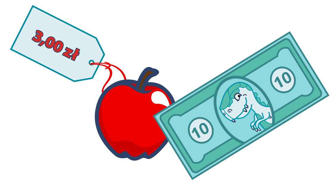 Na ilustracji dwa przedmioty, czerwone jabłko oraz banknot dziesięć złotych